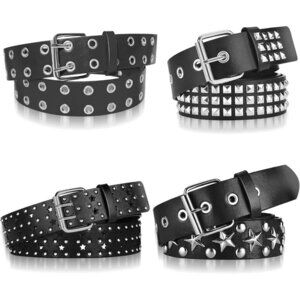 4Pc Studded Rivet Grommet Belt Set Faux Leather Punk Style Unisex Accessories